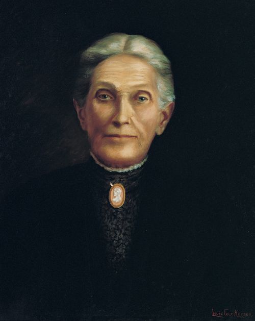 A portrait of Aurelia Spencer Rogers against a black background, wearing a black dress with a high collar and a brooch.