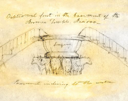 Rendering of Joseph Smith's baptismal font in the Nauvoo Temple.