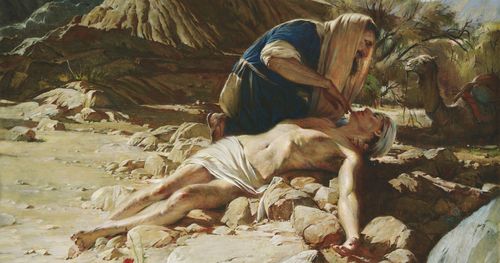 the Good Samaritan administering to the beaten and injured man