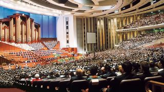 The assembly hall of the Conference Center during a General Conference session.