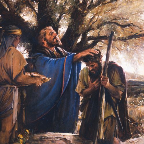 A painting by Walter Rane of Melchizedek placing his hands on Abram’s head while giving him a blessing, with another man standing nearby.