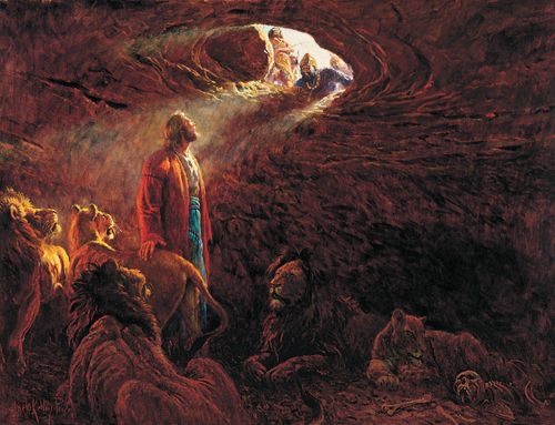 A painting by Clark Kelley Price of Daniel in the lions’ den surrounded, looking up to the light coming in from the open entrance above.