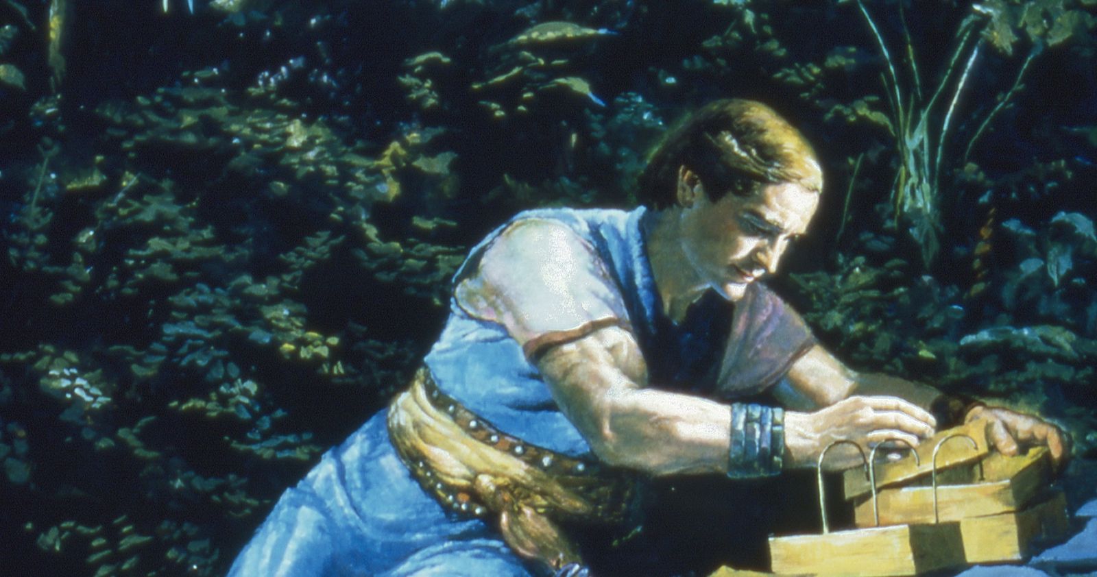 Moroni (Book of Mormon figure) is depicted reclining on a large rock and holding the golden plates. A sword and shield are leaning against the rock at Moroni's feet.