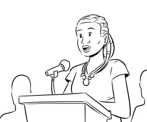 illustration of woman speaking over podium