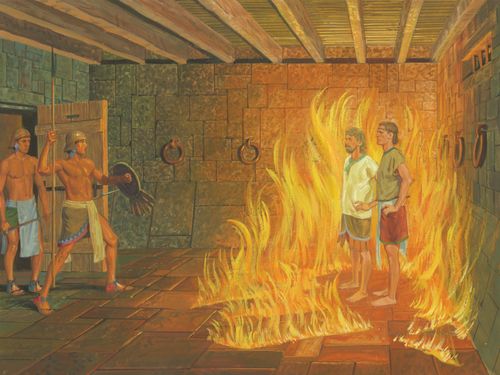 A painting by Jerry Thompson depicting Nephi and Lehi standing encircled with fire in prison, with a guard walking in the doorway.