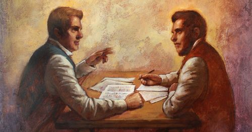 Painting depicts Joseph Smith and Sidney Rigdon revising the New Testament script.