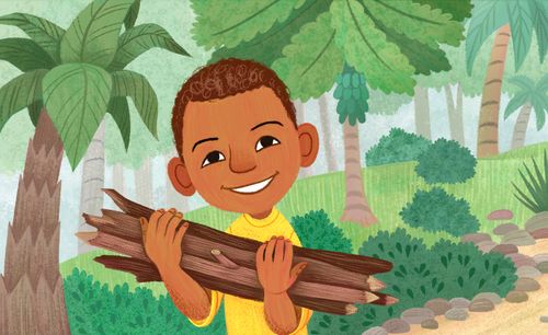 boy holding firewood