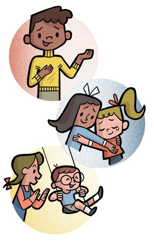 Um menino a falar, duas meninas a abraçarem-se e uma menina a empurrar uma criança num baloiço