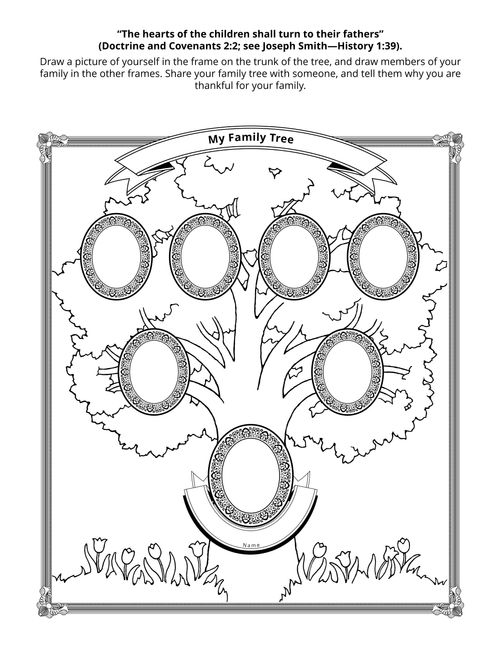 Illustrated family tree with oval frames for ancestor pictures.