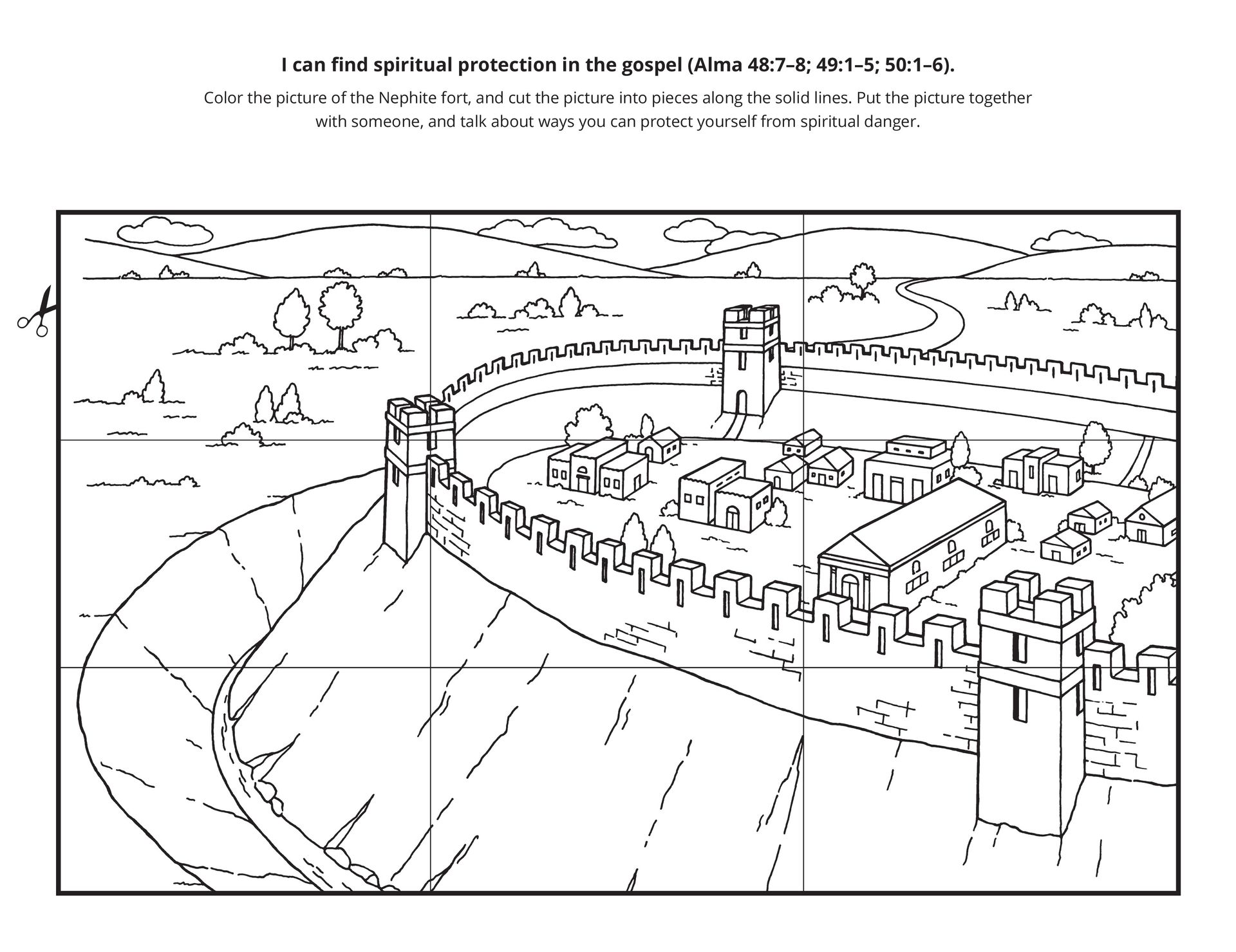 A line drawing of a walled Nephite city to be colored.