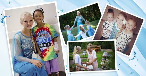 young woman dressed as princess with children