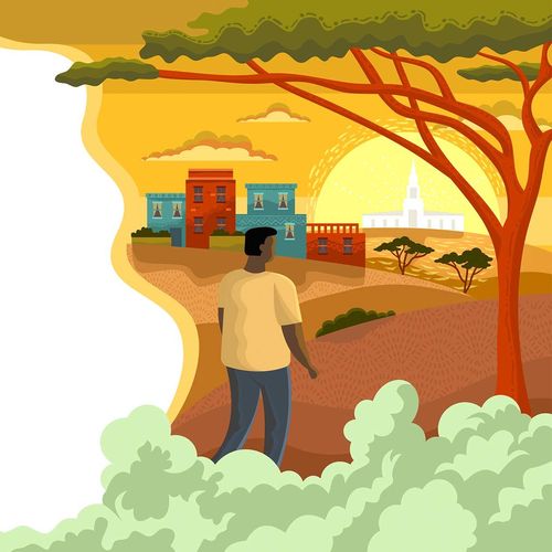 man under a tree looking toward a temple