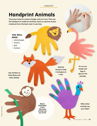 Activity PDF with animals made from paper hand cutouts