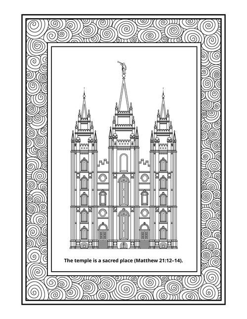 A black-and-white line drawing of the Salt Lake Temple with a frame of curlicues.