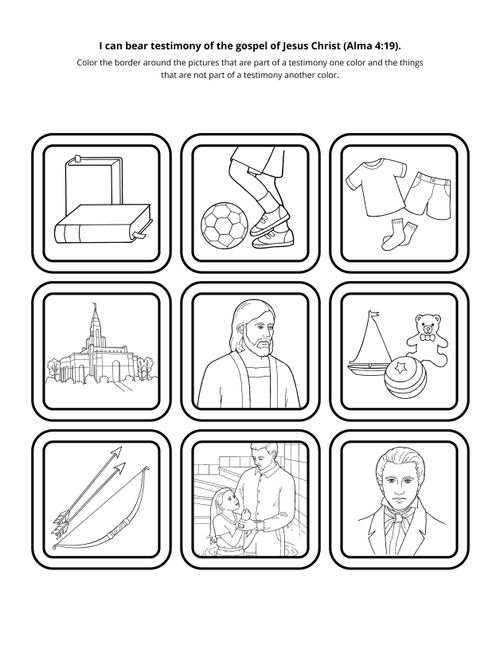 Illustrations of scriptures, soccer, clothing, a temple, Christ, toys, a bow and arrow, baptism, and Joseph Smith.