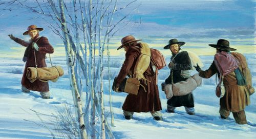 Painting depicts four missionaries called by Joseph Smith as they trudge through snow to preach to the Lamaminites.