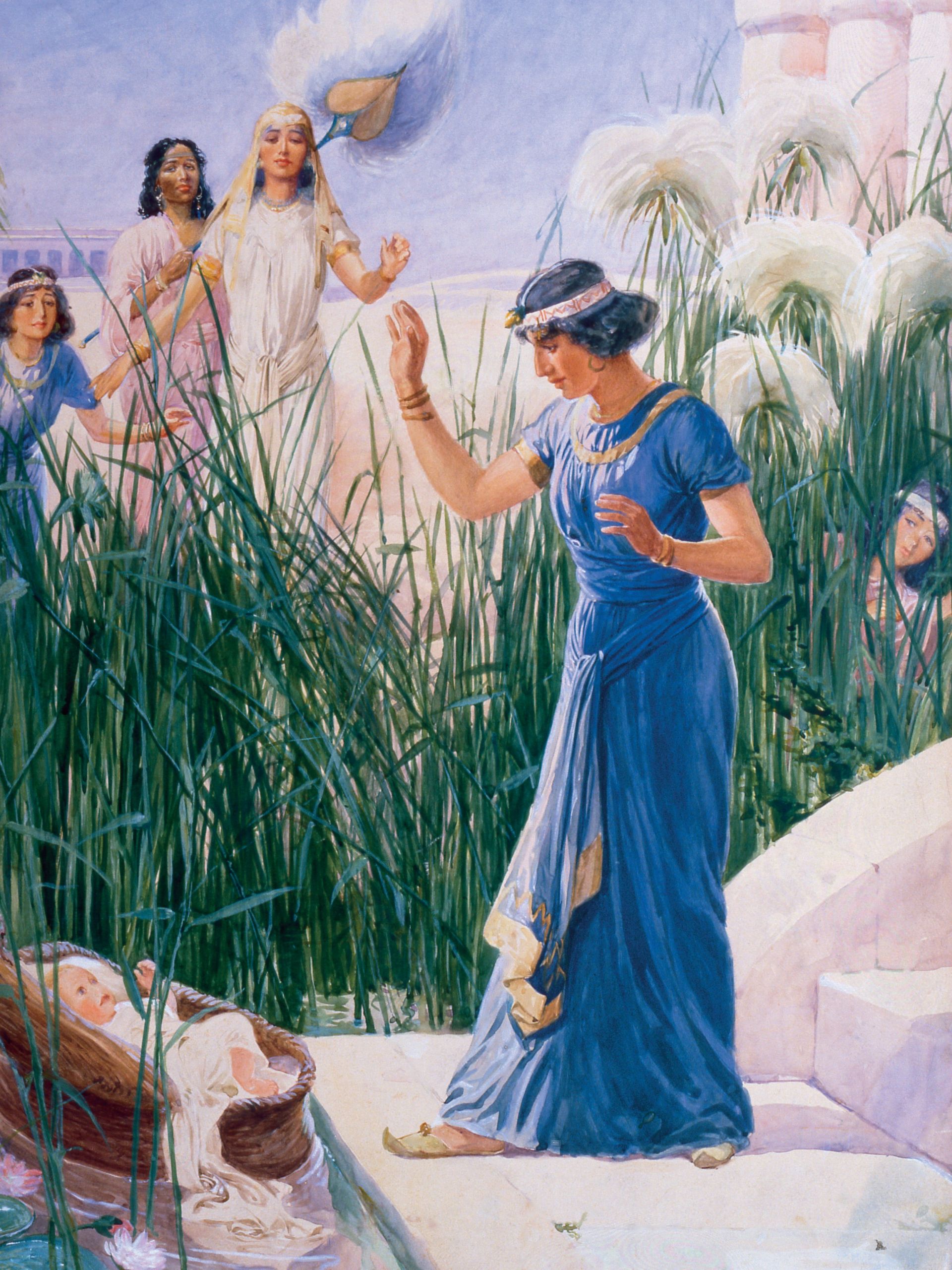 Watercolor painting of Pharaoh's daughter and her attendants finding the infant Moses in a basket in the river.