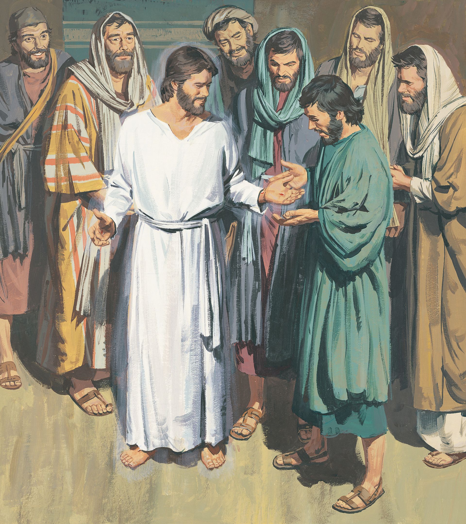 An illustration by Paul Mann depicting the resurrected Christ appearing to His Apostles.