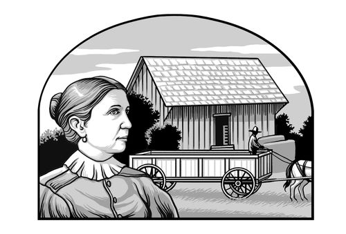 femme âgée devant un entrepôt et un chariot tiré par des chevaux