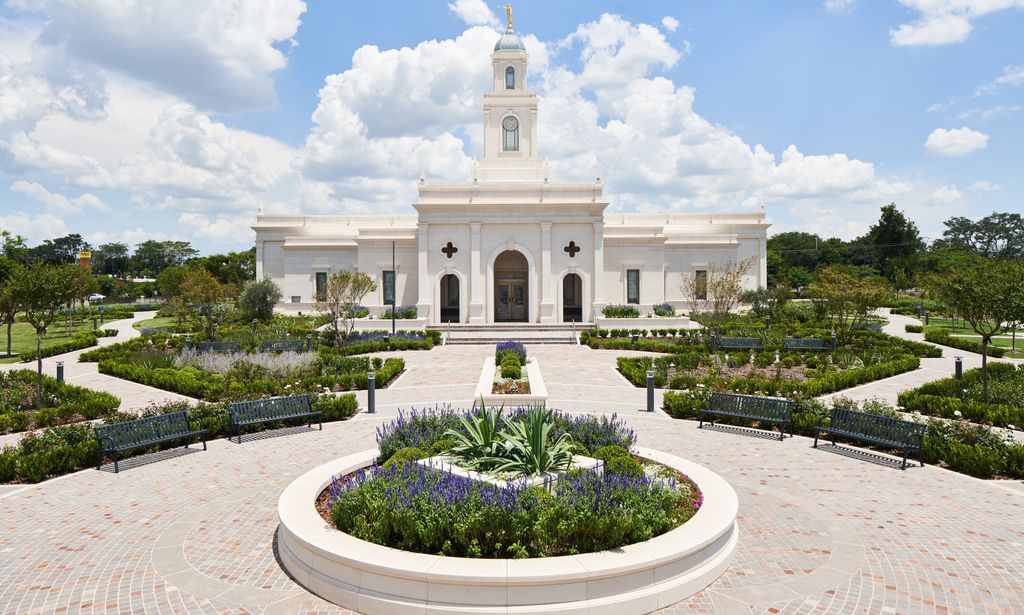 Exterior image of the Salta Argentina Temple taken during the day. The image features the temple and the temple grounds surrounding it. 
