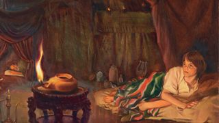 The boy Samuel in bed watching an oil lamp burn.