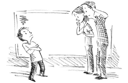bewildered parents facing a stubborn-looking boy