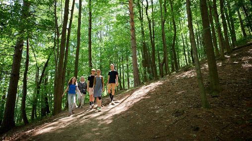 Various family members walk and hike on pathways leading to the Hill Cumorah in Manchester, New York.