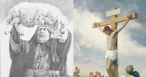 Egy áldozatot bemutató ószövetségi pap képéből, valamint a kereszten lévő Jézus Krisztus képéből készült összeállítás