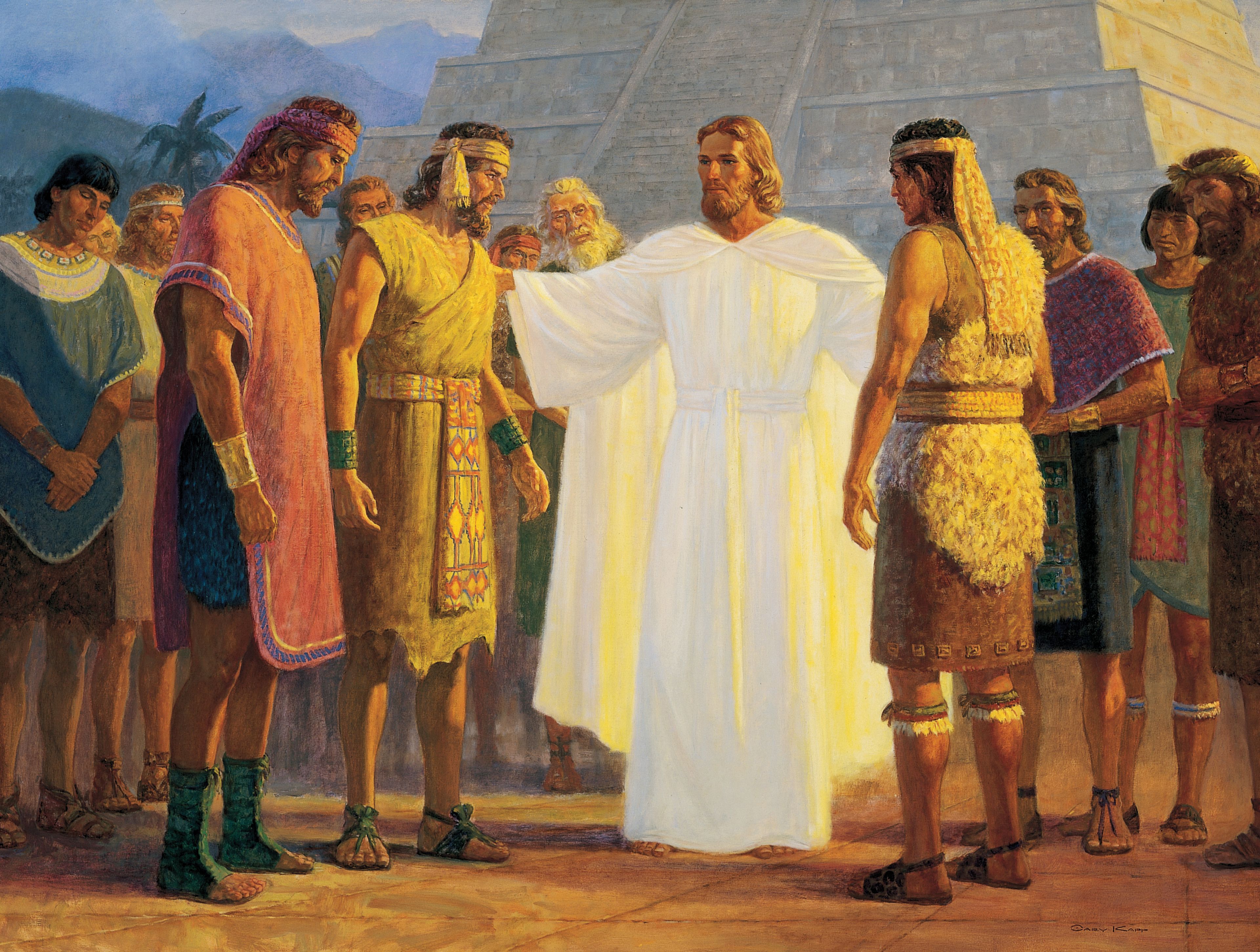 Christ with Three Nephite Disciples, by Gary L. Kapp; GAK 324; John 21:21–23; 3 Nephi 28