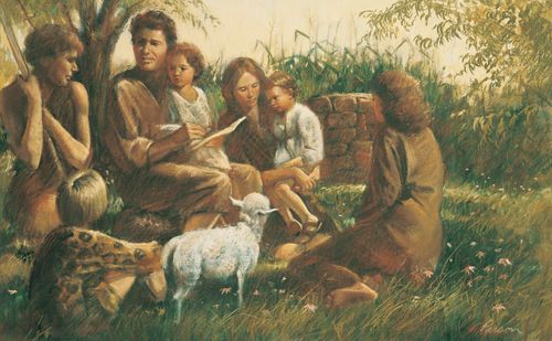 A painting by Del Parson showing Adam and Eve sitting on the ground, talking and reading to five of their children, who surround them.