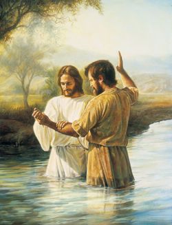John the Bapist baptizing Jesus Christ in the River Jordan. A landscape of trees and mountains is in the background.