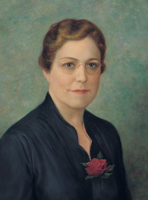 A painted portrait by Dean Fausett of May Green Hinckley against a blue-green background, wearing a dark blue blouse, with a red rose in her collar.