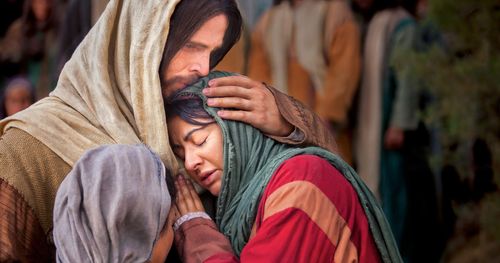 Jesus embracing Mary and Martha