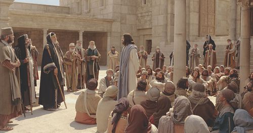 Jesus speaking to a scribe and a group of people