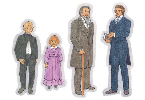 Primary cutouts of a young pioneer boy in a suit, a young pioneer girl in a purple dress, Brigham Young with a cane, and Joseph Smith with scriptures.