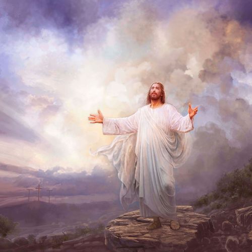 Jésus-Christ lève les yeux vers le ciel, les bras tendus