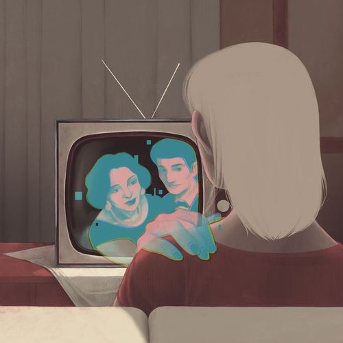 mulher assistindo à televisão enquanto uma personagem sai da televisão e toca seu ombro