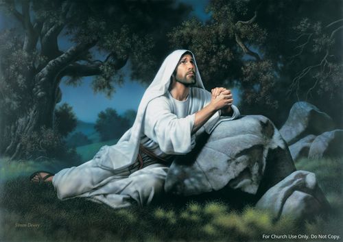 A painting by Simon Dewey showing Jesus Christ kneeling in the Garden of Gethsemane in prayer.