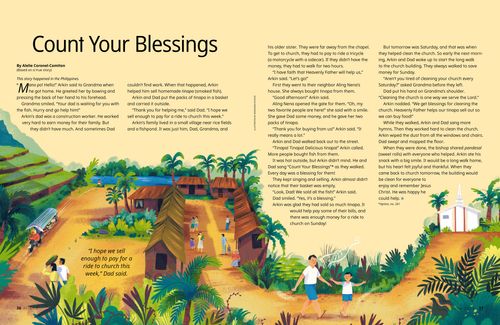 Story PDF of a man and boy walking along a path in a village in a tropical environment