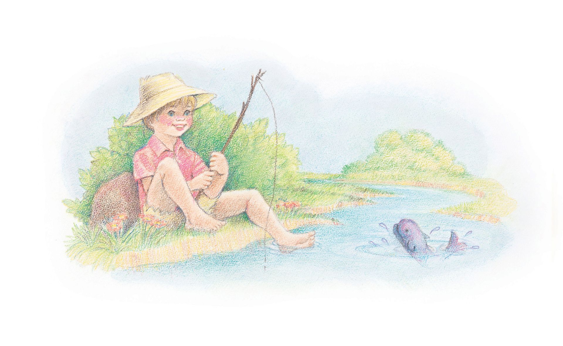 A boy in a large hat, sitting and fishing in a stream. From the Children’s Songbook, page 232, “Beauty Everywhere”; watercolor illustration by Virginia Sargent.