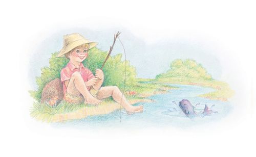 A watercolor illustration of a boy in shorts and a large hat, fishing with a makeshift pole at the edge of a stream in which a purple fish can be seen.