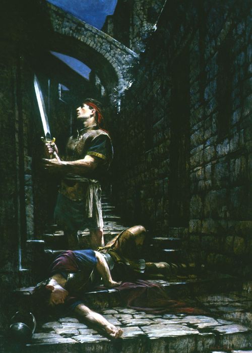 A painting by Walter Rane depicting Nephi standing by Laban, who lies drunken on the dark street, and holding Laban’s sword.