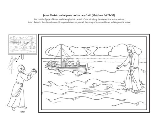 A black-and-white illustration of Christ walking on water toward the boat with His Apostles.