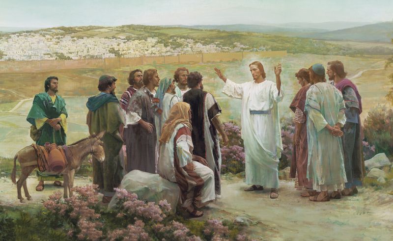 A painting by Harry Anderson showing Christ in white robes, standing in the midst of His Apostles on a road outside of Jerusalem.