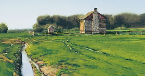 Painting of a farmhouse in a field.