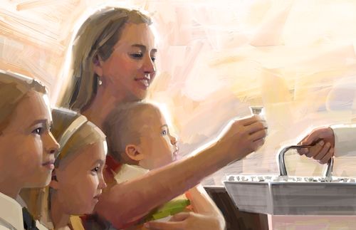 mulher e crianças partilhando do sacramento