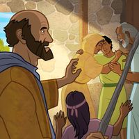 Illustration of Elisha blessing a boy to come back to life.     2 Kings 4:18–37