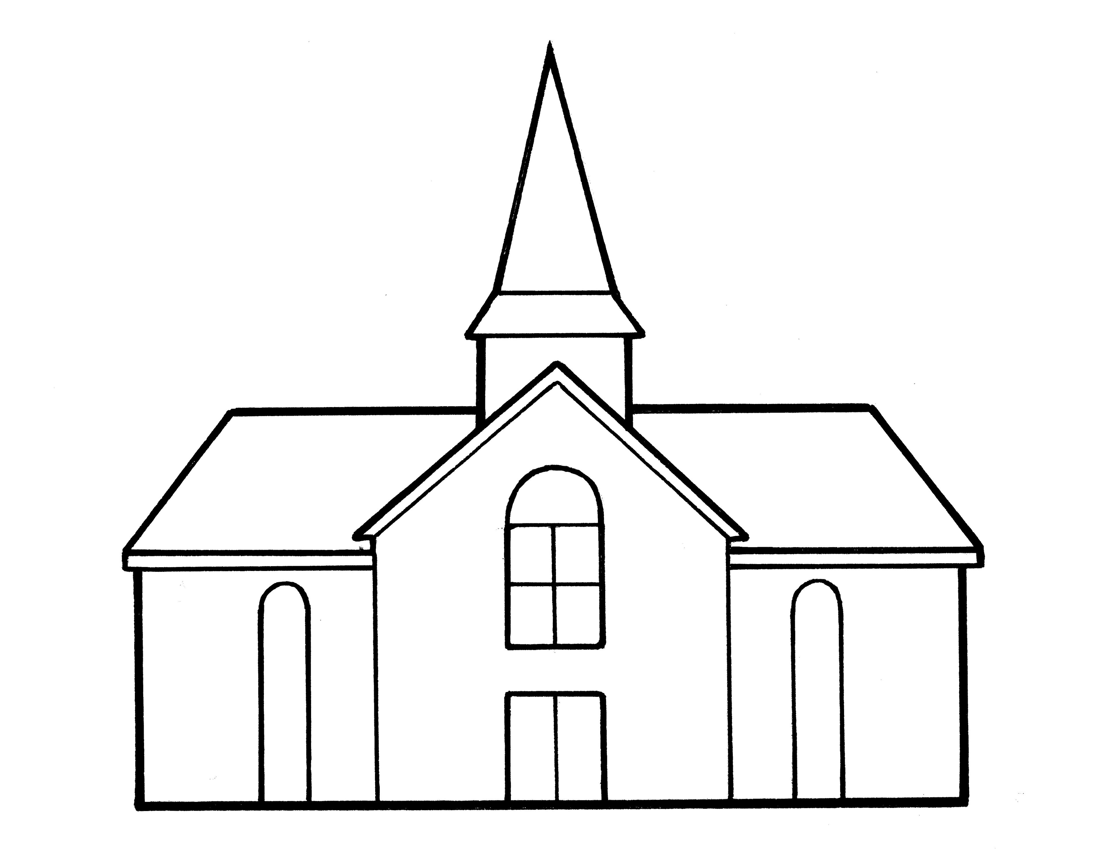 A line drawing of a meetinghouse from the nursery manual Behold Your Little Ones (2008), pages 31 and 39.