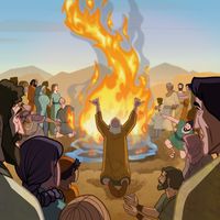 "Illustration of God lighting Elijah's altar on fire.      1 Kings 18:38-41"