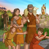 Illustration of Adam and Eve and family.     Moses 5:1–12; 6:15